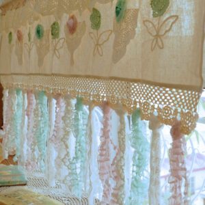 French Country Curtain with Mint Rosettes & Pink Lace – Shabby Chic Cottage Style