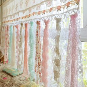 Farmhouse Ivory Lace Curtain Sheer with Pink Crochet Doily Details