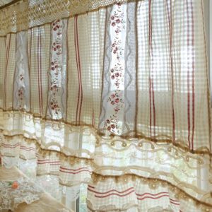 French Country Ivory Cotton Curtain with Red Floral Embroidery
