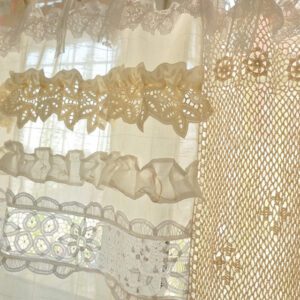 Farmhouse Ivory Lace Curtain Sheer with Beige Crochet Doily Details