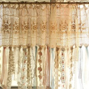 Ivory Crochet & Eyelet Lace Sheer Curtain – French Country Shabby Chic Tie Top Panel