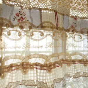 Boho Mediterranean Kitchen Valance - Crochet Lace Soft Beige & Gingham