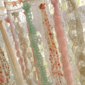 Farmhouse Ivory Lace Curtain Sheer with Pink Crochet Doily Details.