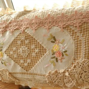Shabby Chic Beige Burlap Curtain with Light Pink Lace