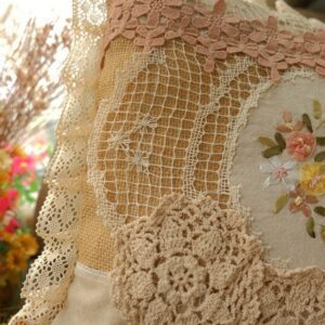 Shabby Chic Beige Burlap Curtain with Light Pink Lace