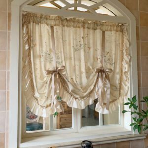 French Countryside Lift-Up Curtain - Semi-Sheer with Ribbon Ties Light Coffee Vintage Feel