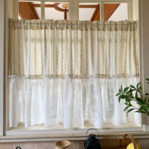 Cream-Style Cotton Linen Feel Floral Curtain – Light-Filtering Privacy Panel with Sheer Hem for Bay Windows Balcony Kitchen