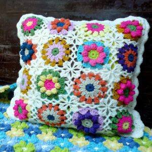 Vibrant Handmade Crochet Colorful Flower Cushion, Traditional Style Accent-2a