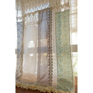 Vintage-Inspired Boho Window Curtain: Layered Lace, Gingham, and Floral Print Design