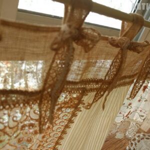 Burlap & Lace Valance with Embroidered Panels Crochet Bohemian Rustic-4