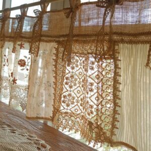 Burlap & Lace Valance with Embroidered Panels Crochet Bohemian Rustic