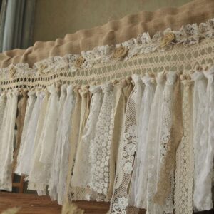 Farmhouse Charm Cafe Curtain Burlap Crochet Airy Lace Rosettes Rod Pocket