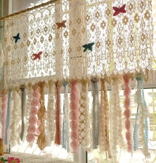 Vintage Lace Curtain with Boho Tassel Accents