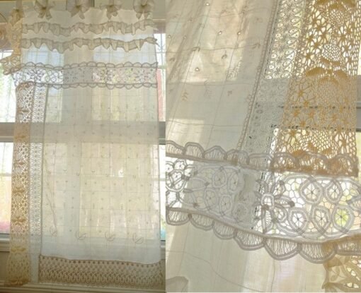 Farmhouse Ivory Lace Curtain Sheer with Beige Crochet Doily Details