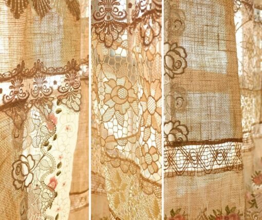 Farmhouse Burlap and Ivory Lace Tie Up Curtain