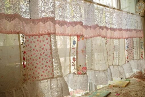 French Country Lace & Cotton Semi-Sheer Tie Up Curtain Ivory Pink.