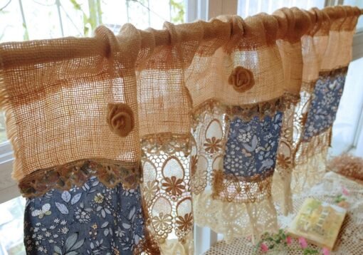 Rustic Burlap & Floral Lace Curtain - Farmhouse Style