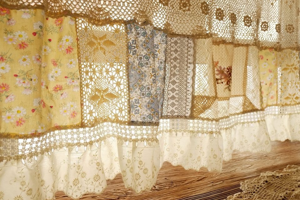 Vintage Ivory Beige Floral Crochet Lace Curtain