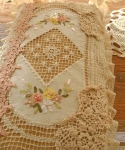 Shabby Chic Beige Burlap Curtain with Light Pink Lace