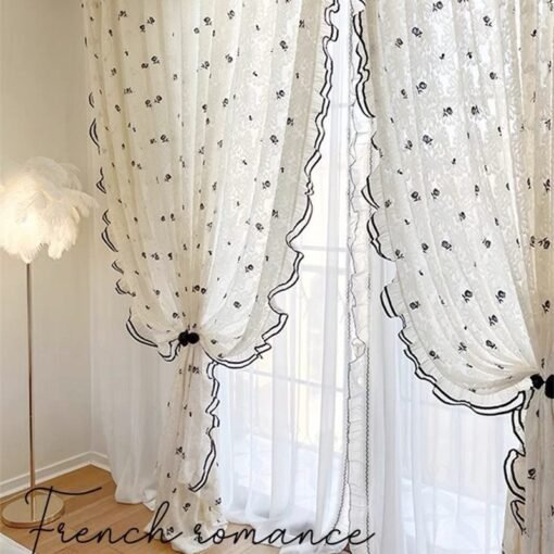 Black Embroidered Rose Lace Curtain - French Cream Elegance