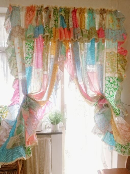 Colorful Patchwork Lace Curtain – Handmade Vintage Farmhouse Style-1