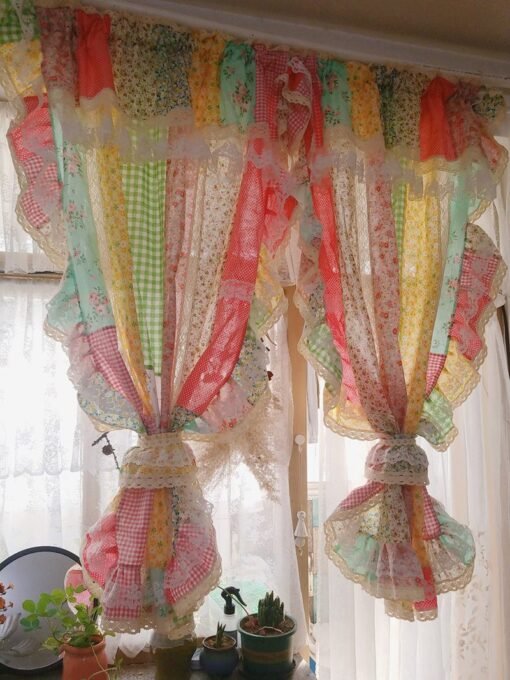 French Country Patchwork Lace Café Curtain with Embroidered Lace Trim-1