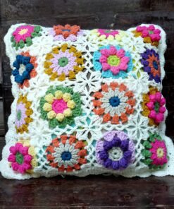 Vintage-Inspired Crochet Throw Pillow with Soft Colorful Flowers