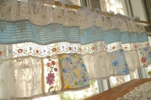 Boho French Country Floral Patchwork Curtains - Pastel Lace & Blue Accents