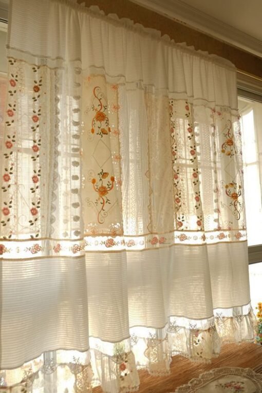 Cottagecore Window Treatment - Multi-Texture Lace, Stripes & Coral Floral