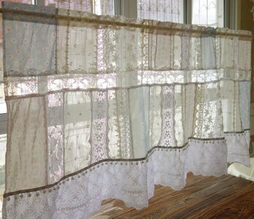 Elegant Mediterranean Patchwork Curtain Light Pink Blue White Crochet Lace