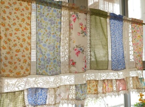 French Country Colorful Patchwork Valance with Delicate Lace Trim