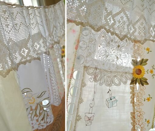 Multi-Textured Cottage Chic Window Panel Curtain Unique Patchwork Botanical Print