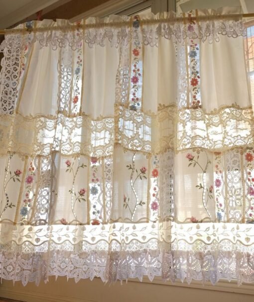 Romantic Shabby Chic Curtain Checked Sheer, Embroidered Florals & Lace-4