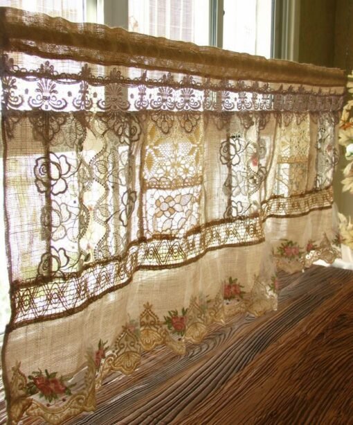 Vintage Artisan Charm Rustic Farmhouse Curtain Burlap Lace Patchwork Kitchen Sunroom