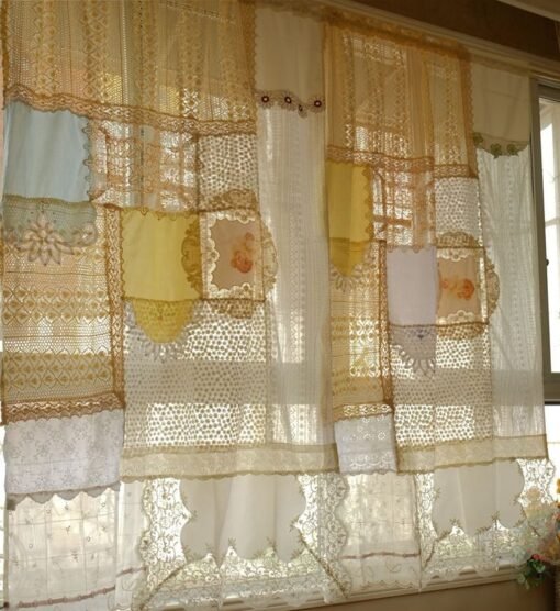 Vintage Boho Farmhouse Curtain Embroidered Daisy Lace & Rustic Crochet-1